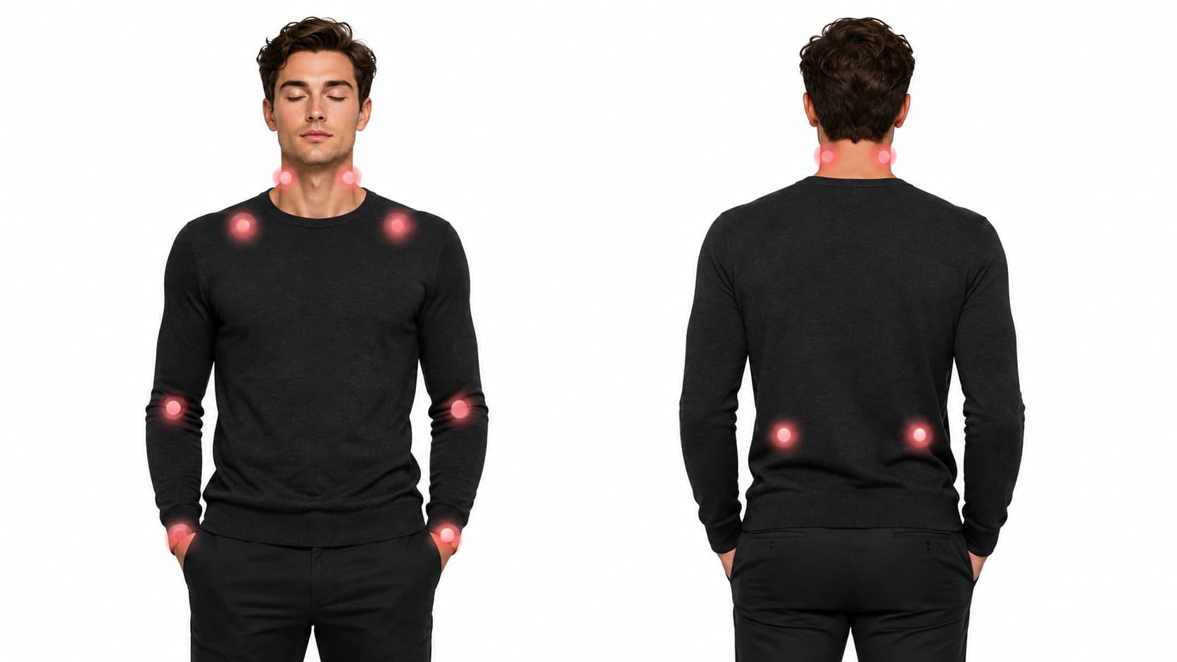 Diagram showing perfume pulse points on a male body, including the neck, shoulders, wrists, and inner elbows