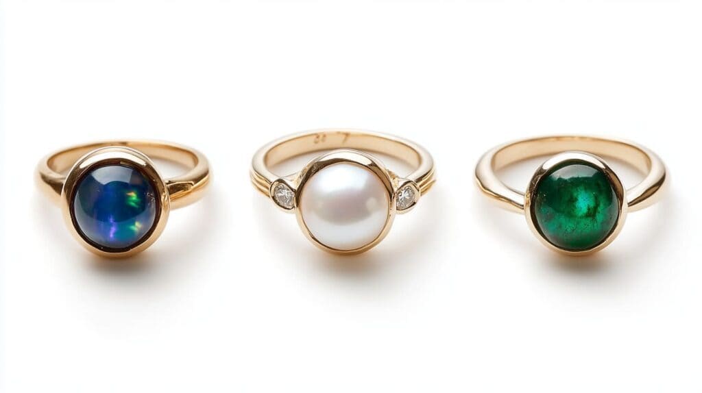 Three bezel-set rings showcasing soft gemstones: a black opal, a white pearl, and a green emerald, each securely encased in gold metal rims.