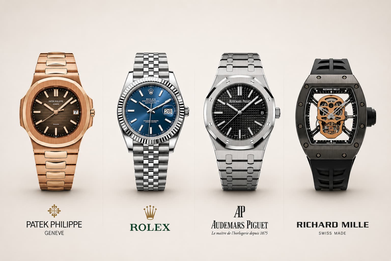 Four luxury watches from Patek Philippe, Rolex, Audemars Piguet, and Richard Mille, the Big Four watch brands