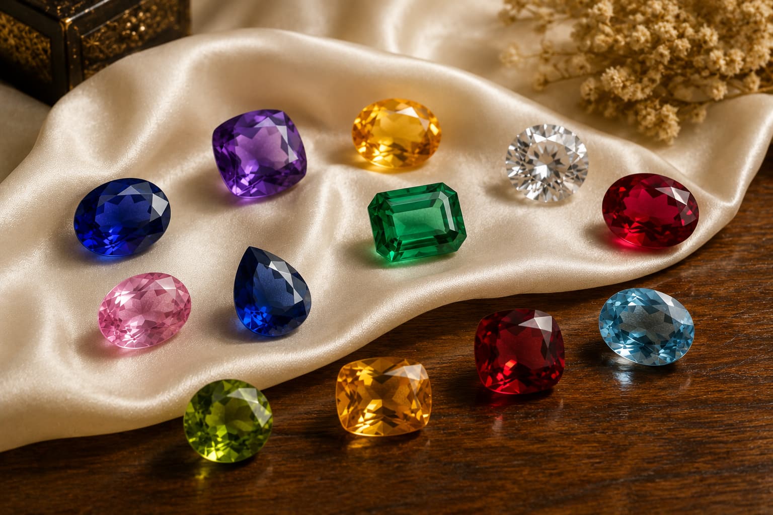 Collection of colorful loose birthstone gemstones including amethyst, citrine, sapphire, and emerald