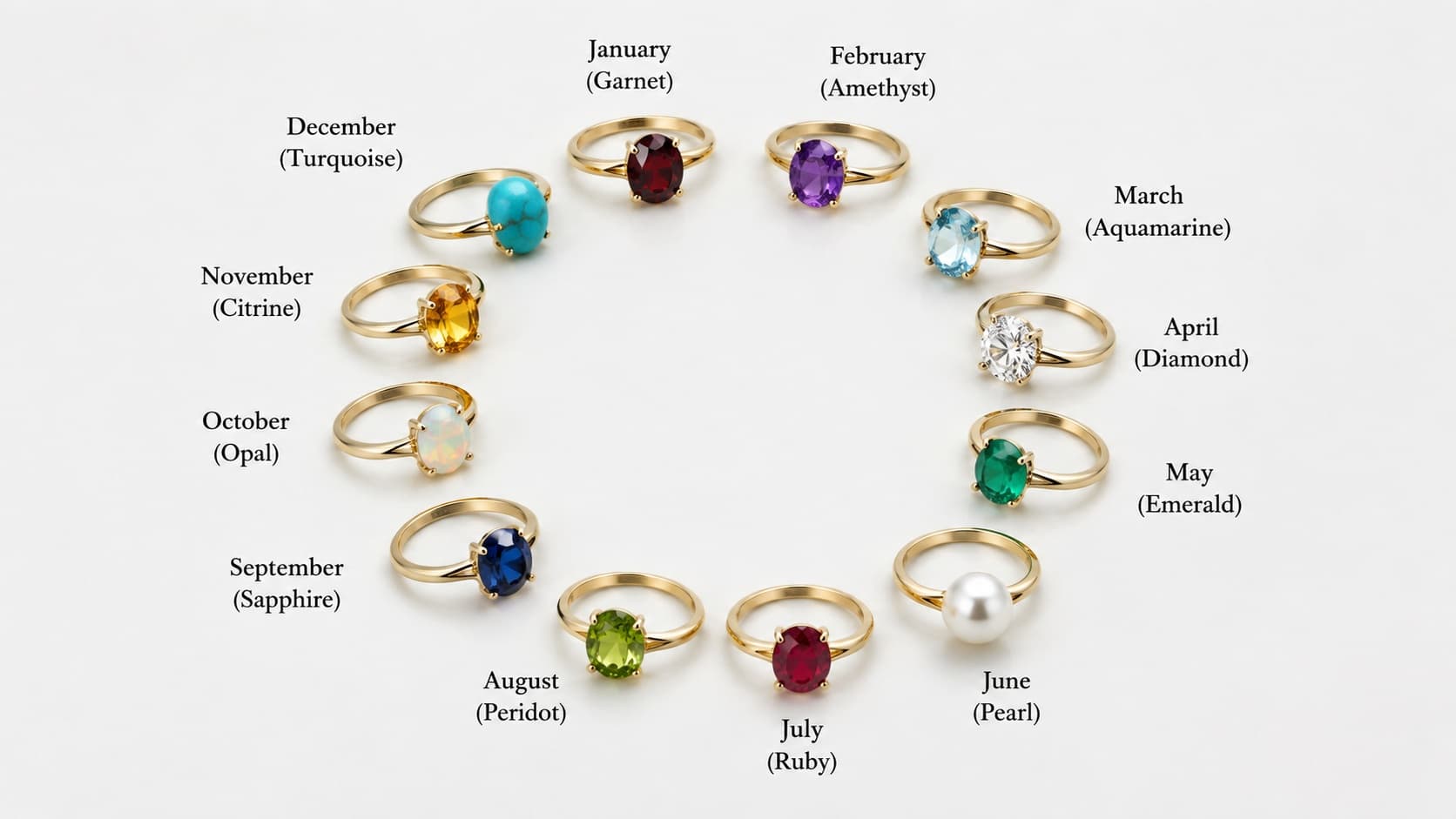 Twelve gold rings arranged in a circle, each set with a different birthstone for every month of the year