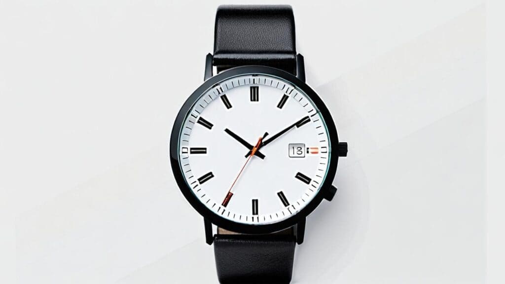 Black case minimalist watch with white dial and black leather strap showing authentic quality craftsmanship and proper finishing details