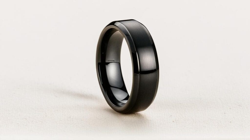 Black ceramic ring with brushed metal center stripe and polished edges, modern mens wedding band style