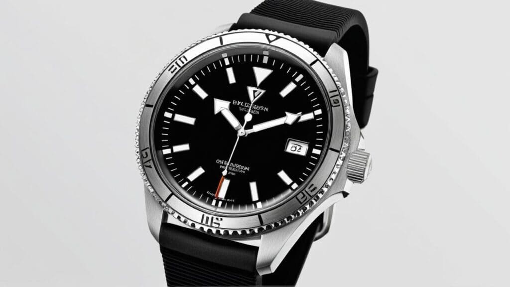 Classic dive watch with black dial, white luminous hands and markers, coin-edge rotating bezel, polished steel case, and textured black rubber diving strap