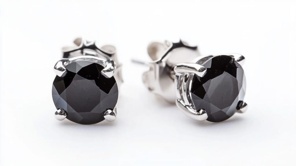 Pair of round-cut black diamond stud earrings in a polished silver prong setting, shown against a white background.