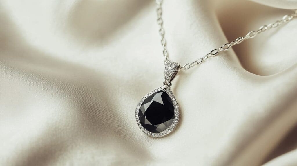 Elegant teardrop-shaped black diamond pendant surrounded by small white diamonds, displayed on a delicate silver chain against a soft fabric background.