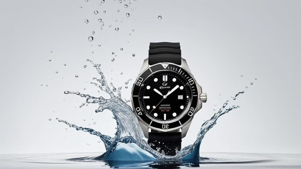 Professional black diving watch with rotating bezel surrounded by dynamic water splash against white background showcasing water resistance capabilities
