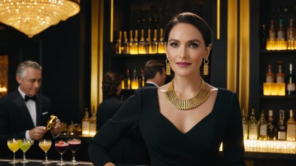 Woman in a black cocktail dress styled with a bold gold collar necklace and matching earrings at a bar setting.