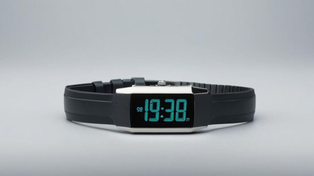 Sleek black digital fitness watch with bright cyan LED display showing 19:38, featuring slim rectangular case and black silicone band