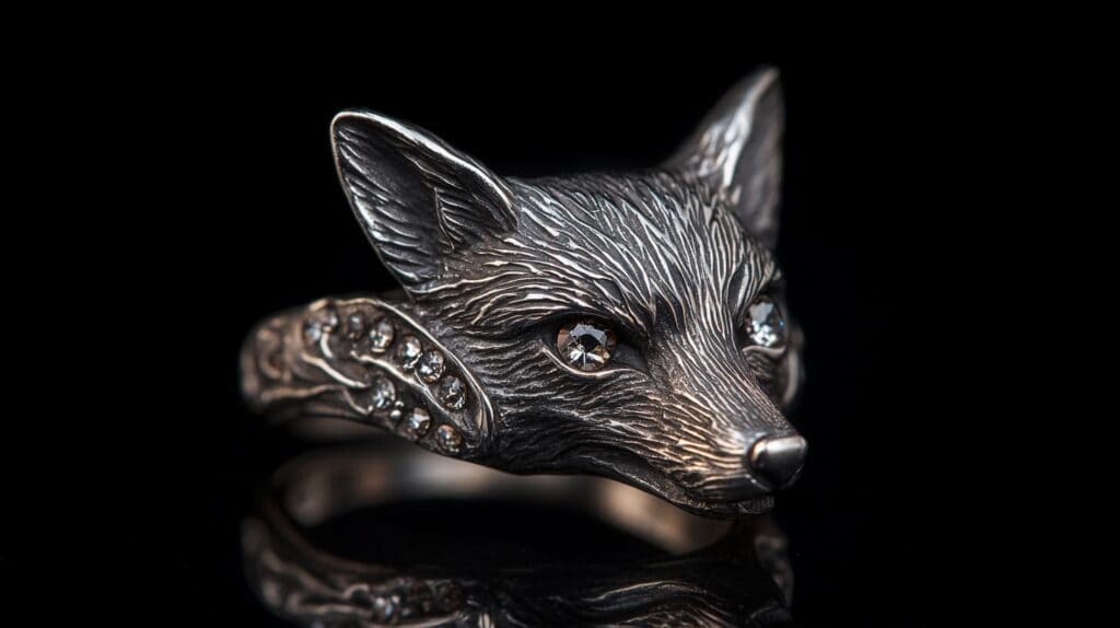 A black fox ring with detailed texture and gemstone eyes, representing a luxurious talisman of protection and cunning, displayed on a dark background.