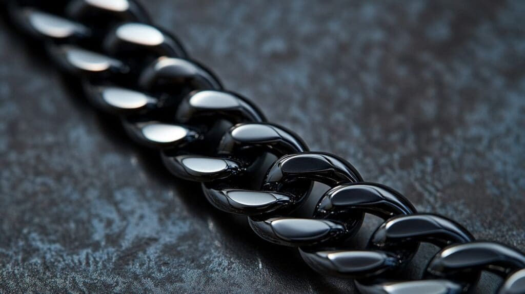 High-gloss black gold chain bracelet showcasing sleek, interlocking links against a dark background.