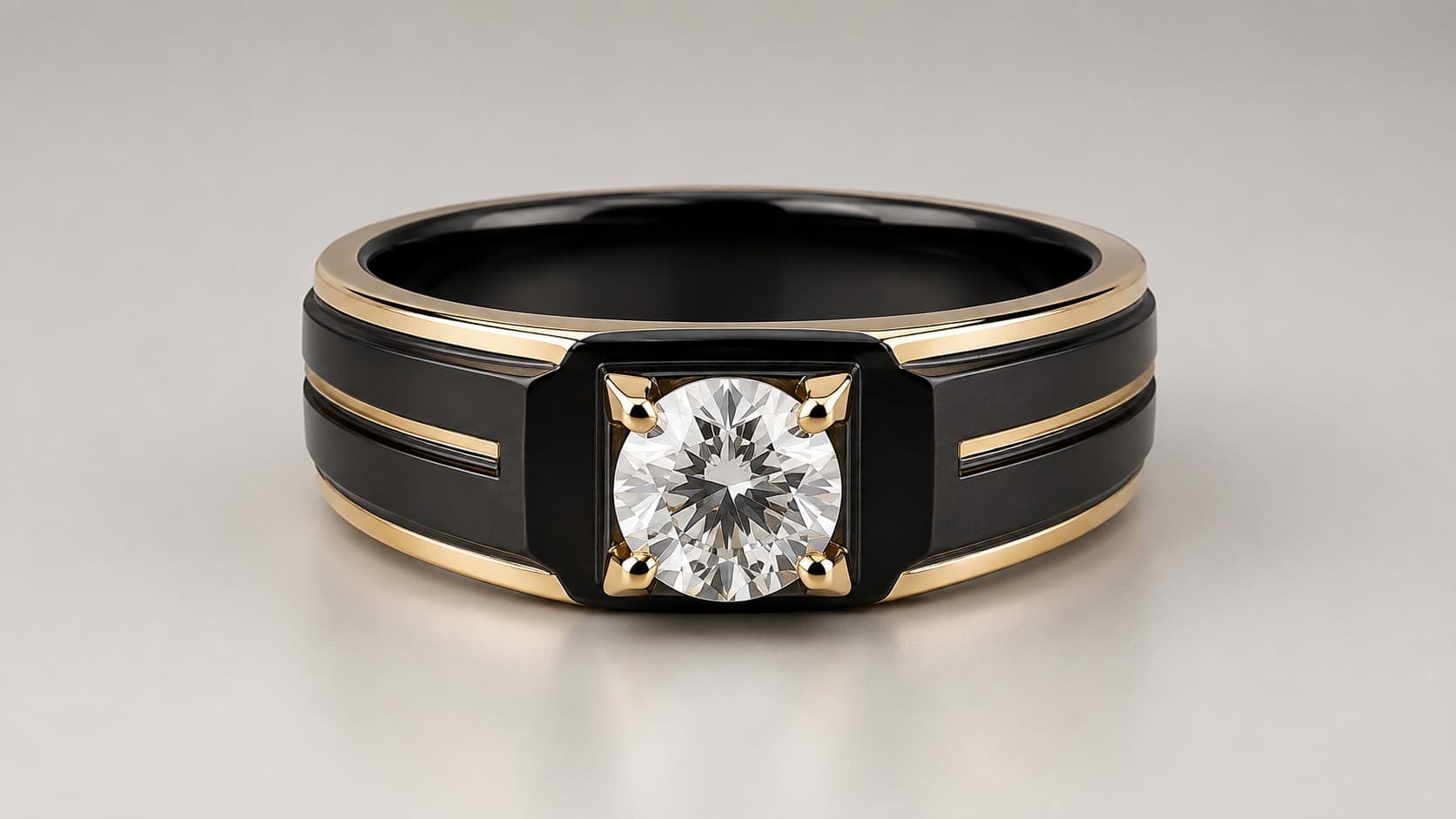 Black gold ring set with a round diamond and gold accents