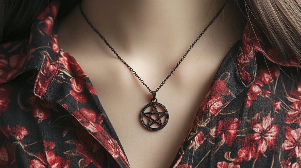 Black metal pentagram necklace worn over a floral blouse, illustrating the versatility of pentagram jewelry in modern fashion.