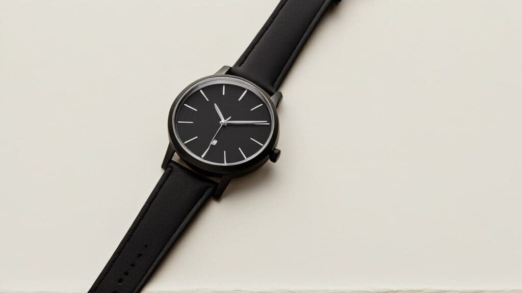 Black minimalist fashion watch with clean dial and black leather strap showing typical fashion watch design elements