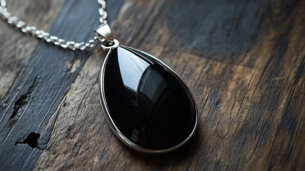 A teardrop-shaped black obsidian pendant set in silver, resting on a rustic wooden surface.