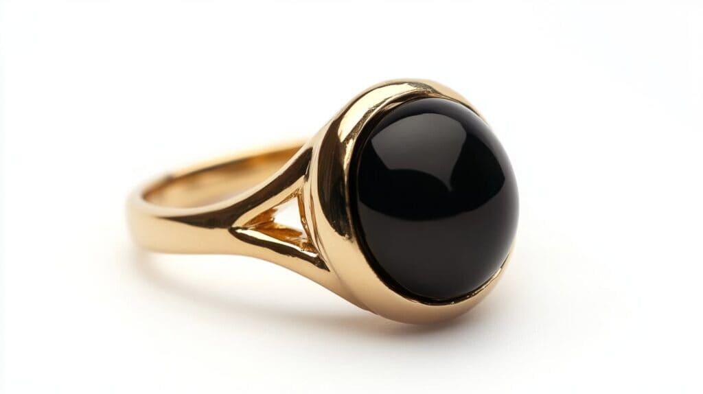 Elegant gold ring featuring a polished black obsidian gemstone, highlighting its smooth and reflective surface.