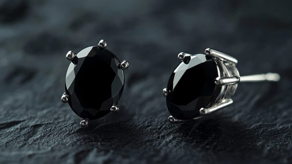 Pair of faceted black obsidian stud earrings set in silver, displayed on a dark textured background.