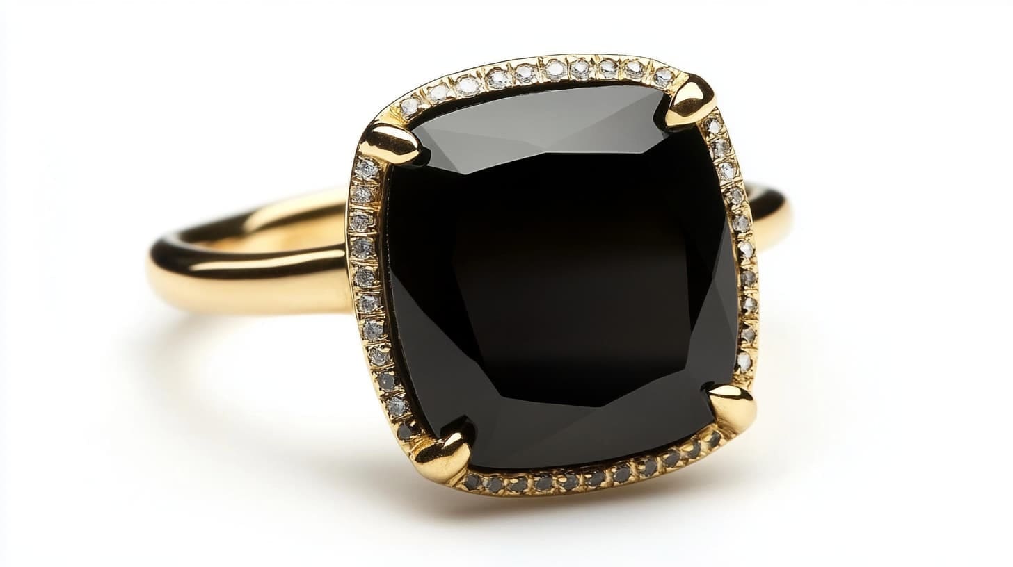 Gold cocktail ring with a cushion-cut black onyx in a diamond halo