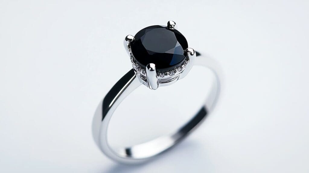 A close-up of a black onyx solitaire ring with a silver prong setting, featuring a round faceted gemstone and minimalist design, perfect for modern jewelry styling.
