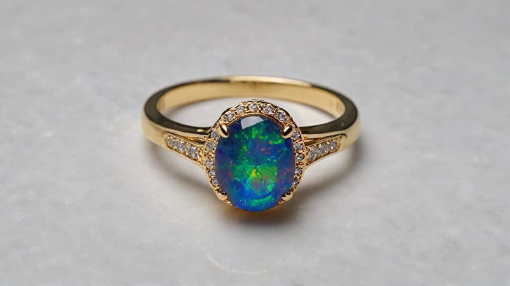 A striking black opal engagement ring set in yellow gold, featuring a vibrant opal with deep blue and green flashes, accented by diamonds.