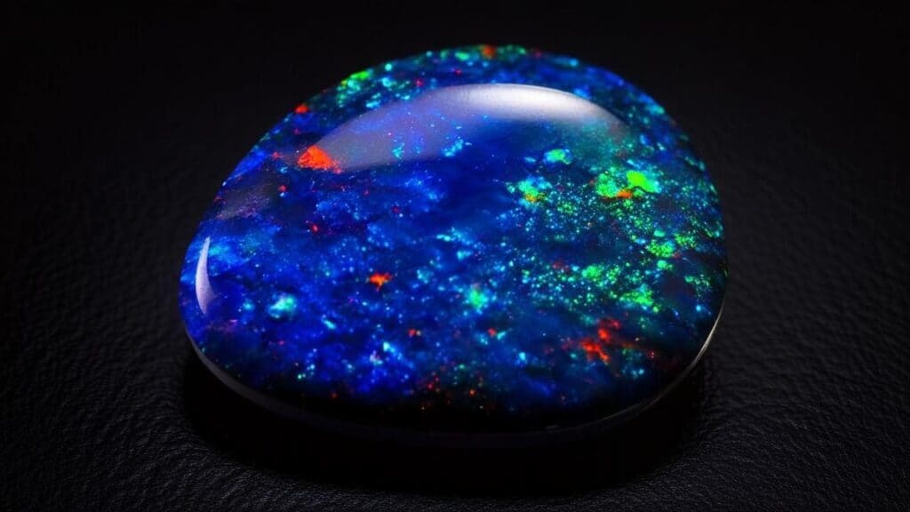 Black opal showcasing intense blue, red, and green play of color against a dark background
