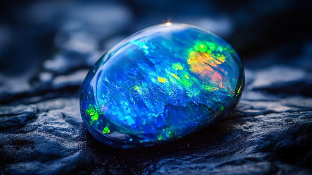 A polished black opal displaying vibrant flashes of blue, green, and orange play-of-color against a dark background, sourced from Lightning Ridge, Australia.