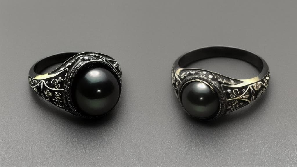 Victorian-style mourning rings with black pearls and engraved black onyx settings, representing grief and remembrance.