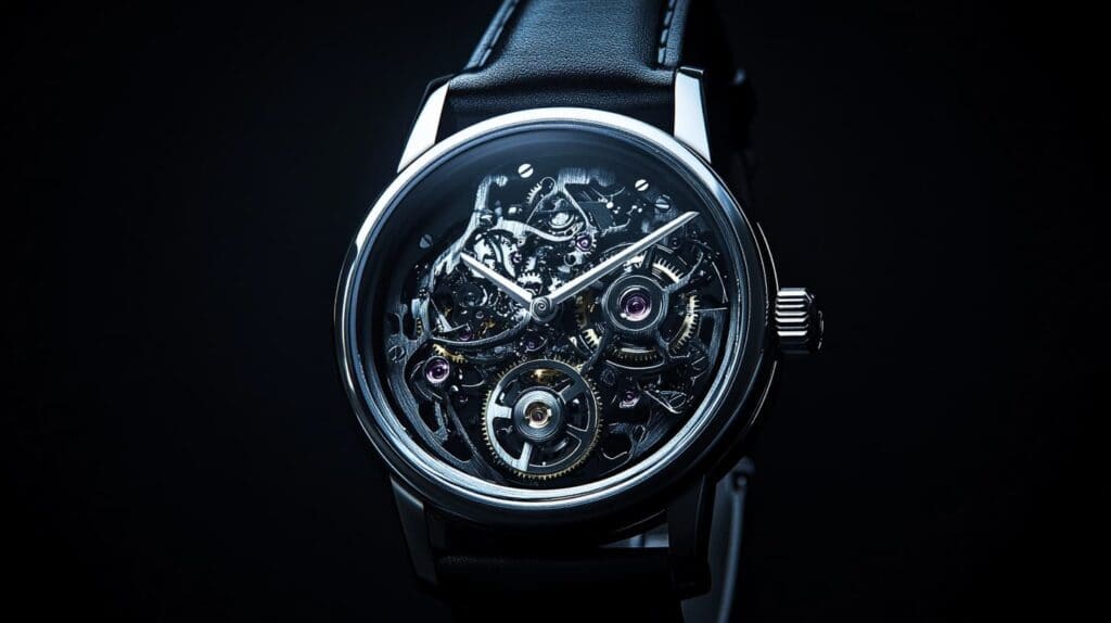 Close-up of a black skeleton watch with exposed mechanical movement, silver case, and black leather strap against a dark background.