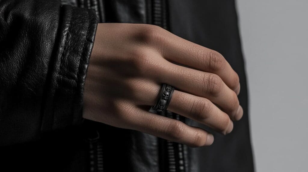 Close-up of a black Gothic skull ring on a hand wearing a leather jacket, showcasing a bold men's Gothic fashion accessory.