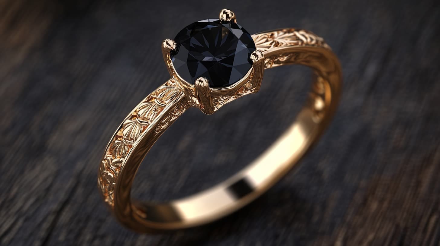 Gold ring with a round black spinel and floral-engraved shoulders on dark wood