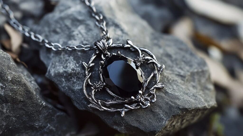Black spinel oval pendant set in a silver vine design necklace, highlighting the gemstone’s bold black color and natural beauty.