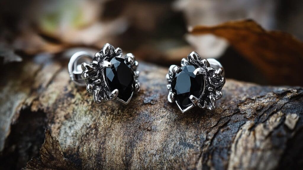 Black spinel oval stud earrings set in intricate silver design, showcasing the gemstone's deep black color and high luster.