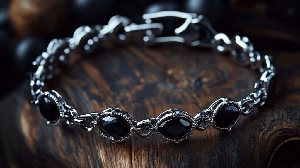 Black spinel silver bracelet with marquise-shaped gemstones, showcasing a sleek and sophisticated design.
