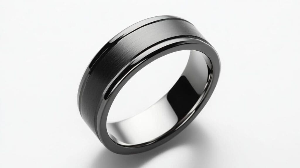Polished black tantalum ring with brushed center detail, combining modern elegance with the durability of this unique alternative metal.