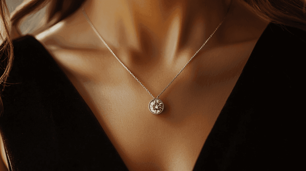 Close-up of a woman wearing a diamond pendant necklace with a black evening gown, ideal for adding elegant simplicity to a black tie event outfit.