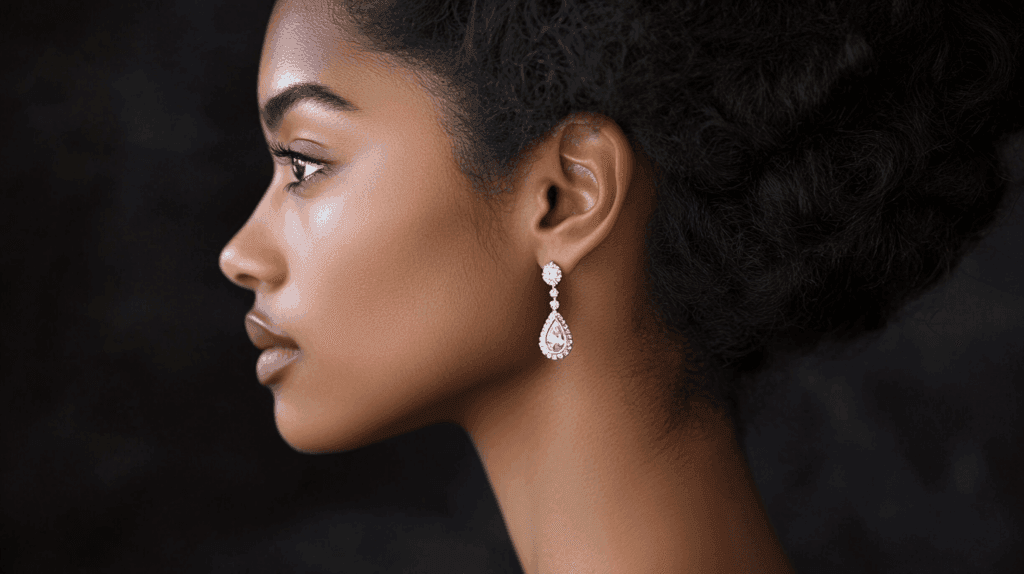 Side profile of a woman wearing elegant drop diamond earrings, perfect for framing the face with understated sophistication at a black tie event.