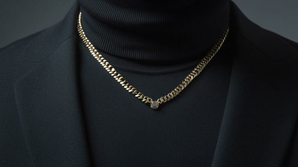 A sleek black turtleneck paired with a bold gold chain necklace, demonstrating a sophisticated and minimal look.
