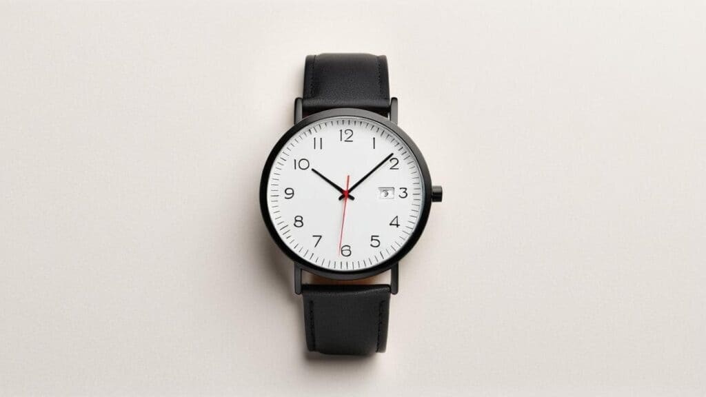 Black watch with white face used for testing time accuracy and detecting timing issues