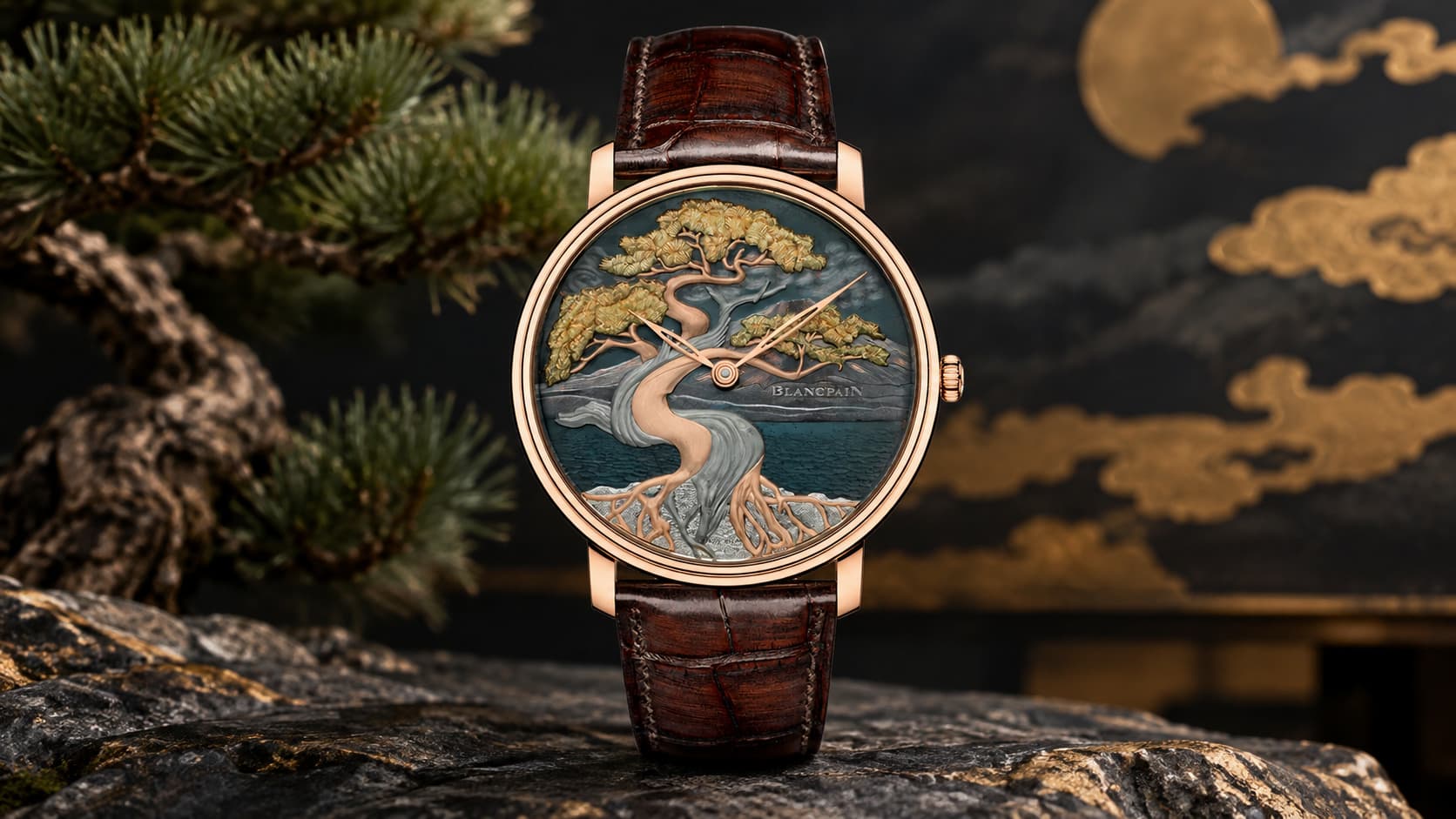 Blancpain Métiers d'Art Shakudō watch with a red gold case and hand-engraved dial showing a twisted pine tree beside the sea, on a brown leather strap