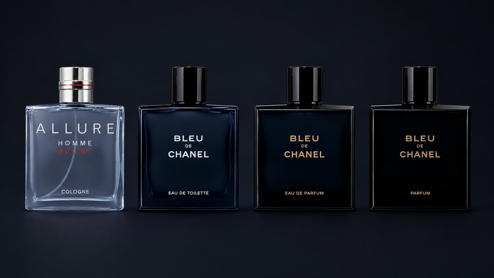 Chanel Allure Homme Sport Cologne next to Bleu de Chanel Eau de Toilette, Eau de Parfum, and Parfum