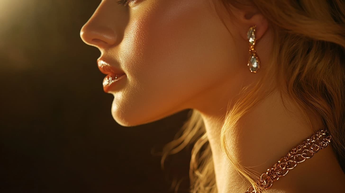 Blonde woman in warm light wearing a gold teardrop earring and gold chain