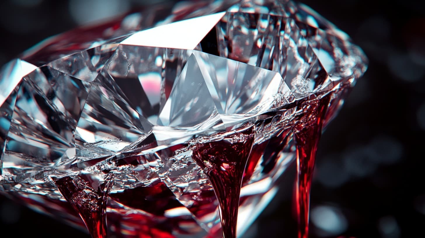 Close-up of a brilliant diamond with dark red liquid dripping from its facets