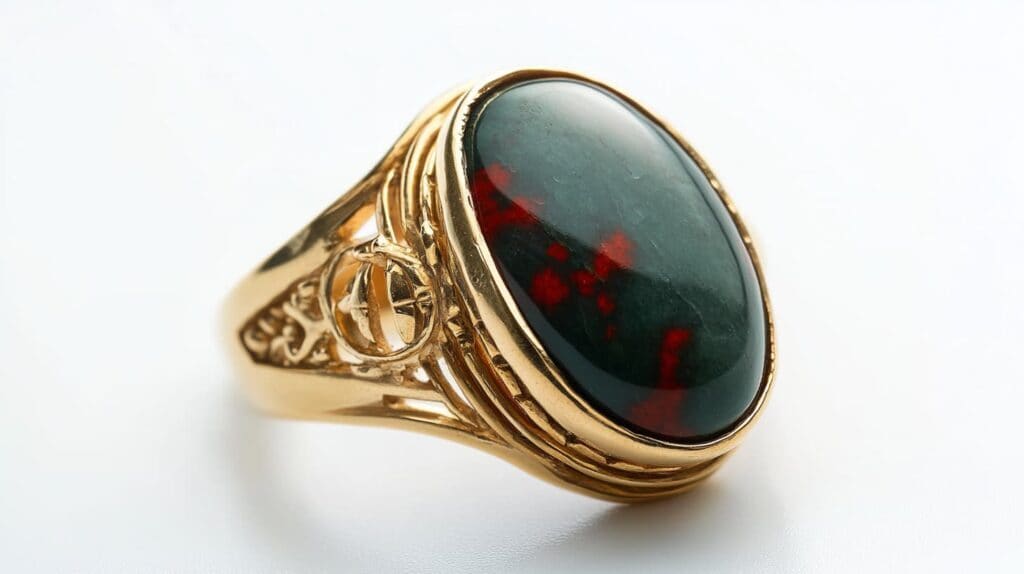 Gold ring featuring an oval bloodstone gemstone with a dark green base and vibrant red patterns, set in an ornate design.