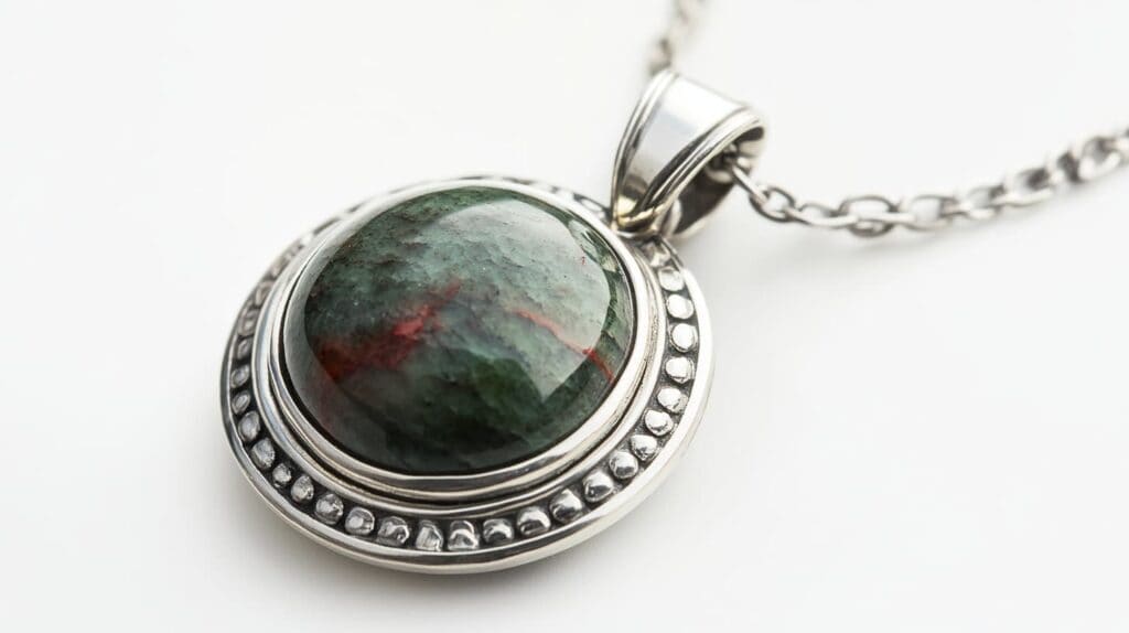 Round bloodstone pendant with a silver frame, showcasing a deep green base and unique red streaks.