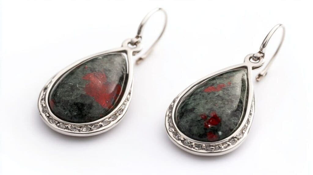 Teardrop-shaped bloodstone earrings with deep green chalcedony and red spots, set in silver and accented with small gemstones.