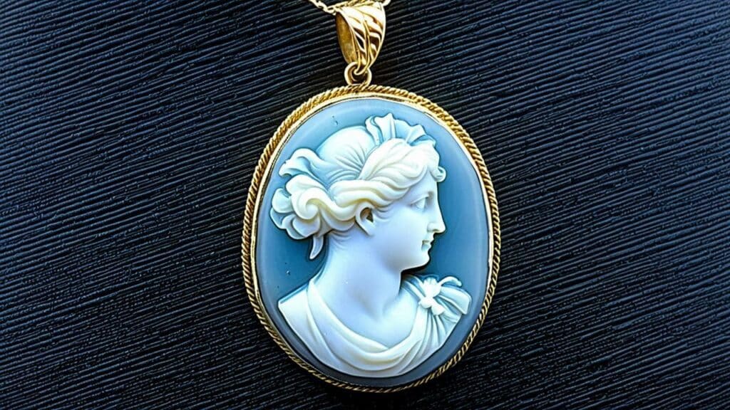 Blue agate cameo pendant showcasing a detailed female profile in a classic gold setting