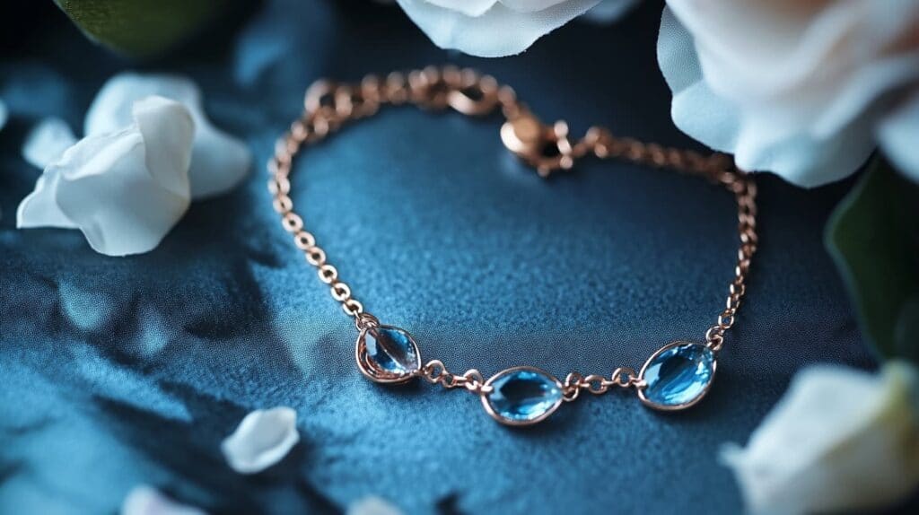 A delicate rose gold bracelet adorned with three oval-cut blue apatite gemstones, set against a soft blue fabric background with floral accents.