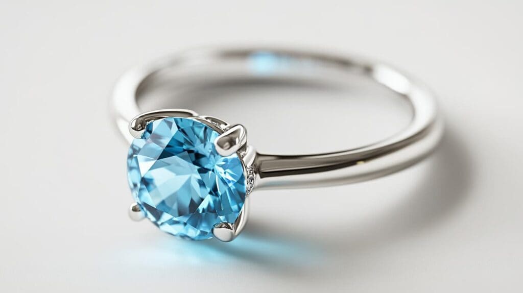 A stunning blue apatite solitaire ring set in white gold, featuring a round-cut gemstone with brilliant sparkle, perfect for elegant jewelry designs.