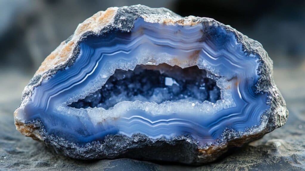 Natural blue banded agate geode with intricate layers and a sparkling crystalline cavity, highlighting its geological beauty.