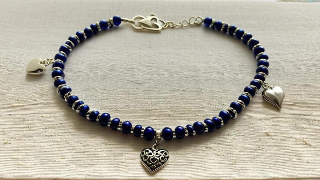 Blue beaded bracelet with silver heart charms, representing the personalized jewelry trend popular in early 2000s